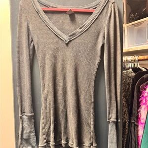 Free People Charcoal Long Sleeve V-Neck Top